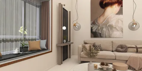 Modern sofa design featuring a cozy arrangement with stylish decor, complemented by large windows and soft lighting, showcasing interior design with Homestyler's real-time 3D rendering feature.