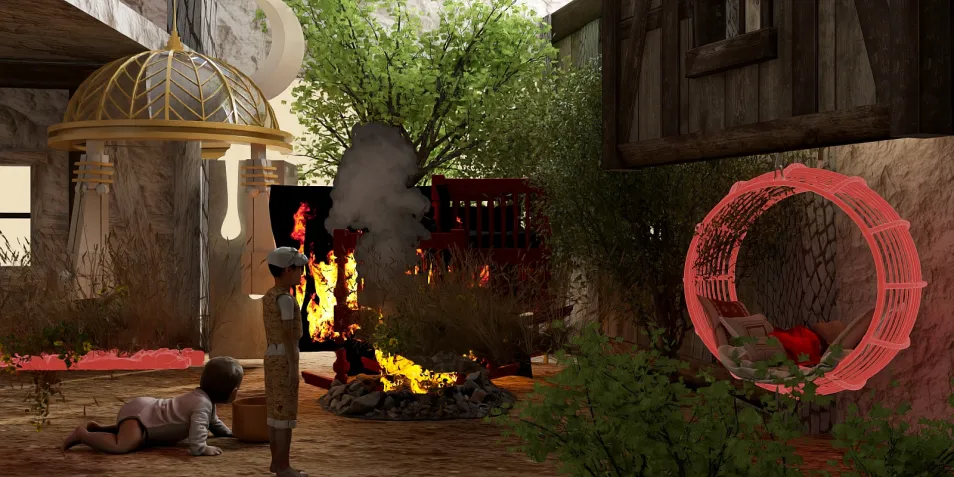 children playing in a whimsical outdoor space with a fire feature, showcasing imaginative design elements and creative landscaping, illustrating the use of Homestyler's AR virtual furniture placement for enhanced spatial arrangement.