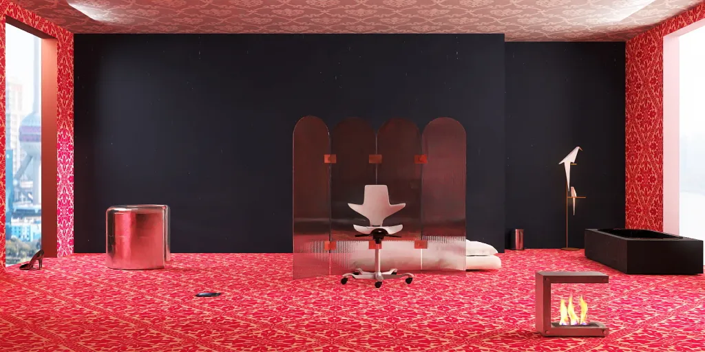 a room with a red carpet and a red rug 