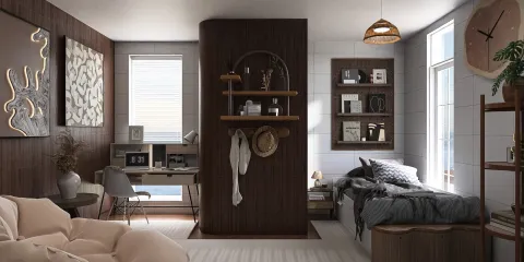Cozy bedroom design featuring a blend of natural wood paneling and soft textiles, creating a warm atmosphere while optimizing small space functionality with smart furniture arrangement using Homestyler's intelligent layout feature.