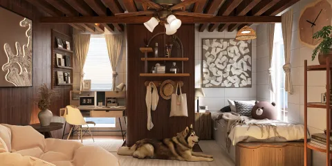 cozy bedroom design featuring a wooden interior with a study area and a dog resting on the floor, utilizing Homestyler's real-time 3D rendering for enhanced visualization