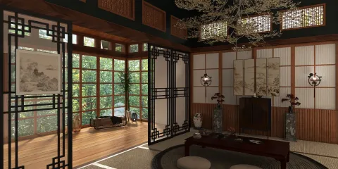 Asian-inspired living room featuring intricate wooden screens, traditional furniture arrangement, and natural light from large windows, showcasing interior decor ideas for a serene ambiance using Homestyler's real-time 3D rendering.