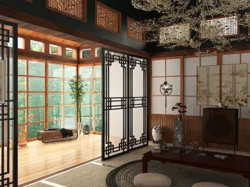 a traditional Asian-inspired living room featuring wooden screens and a cozy interior design that enhances relaxation, utilizing Homestyler's real-time 3D rendering for accurate space visualization