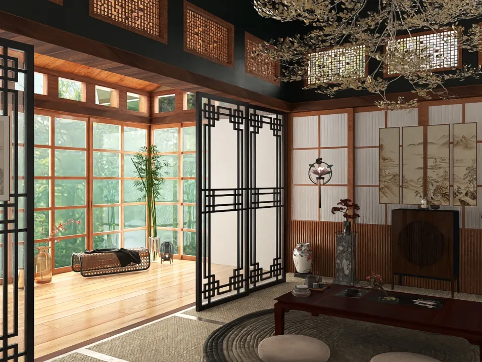 a traditional Asian-inspired living room featuring wooden screens and a cozy interior design that enhances relaxation, utilizing Homestyler's real-time 3D rendering for accurate space visualization
