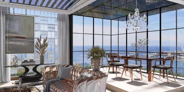 modern living room with panoramic ocean view showcasing glass walls and elegant furniture arrangement, emphasizing luxurious interior decor and featuring Homestyler's real-time 3D rendering for design proposal visualization.