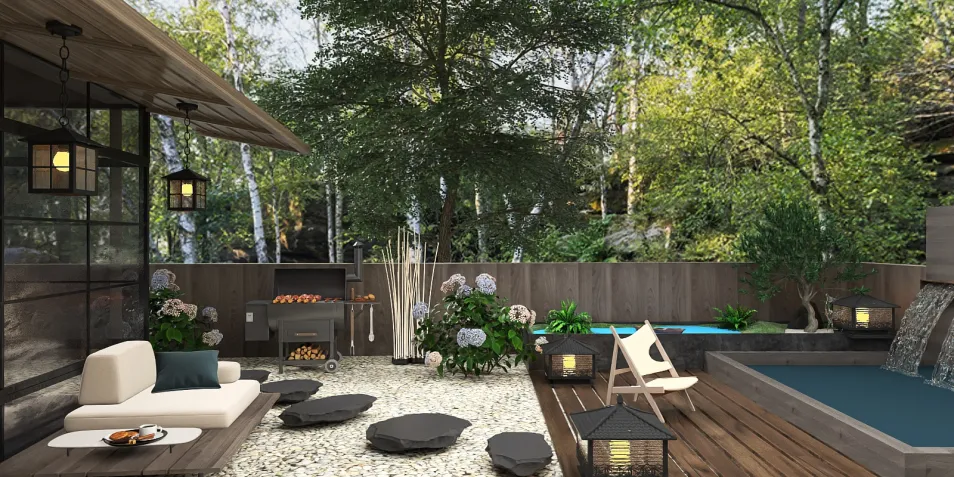 outdoor seating area with a barbecue grill and water feature, designed with a modern minimalist style, showcasing landscaping beauty, featuring Homestyler's 3D rendering capability.