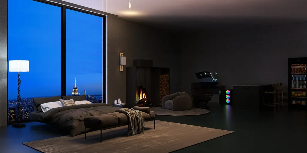 a bed room with a fireplace and a bed 