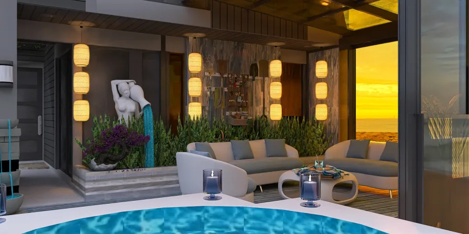 outdoor lounge area featuring modern furniture and a relaxing atmosphere with a hot tub and sunset view, showcasing interior decor design with Homestyler's real-time 3D rendering functionality.