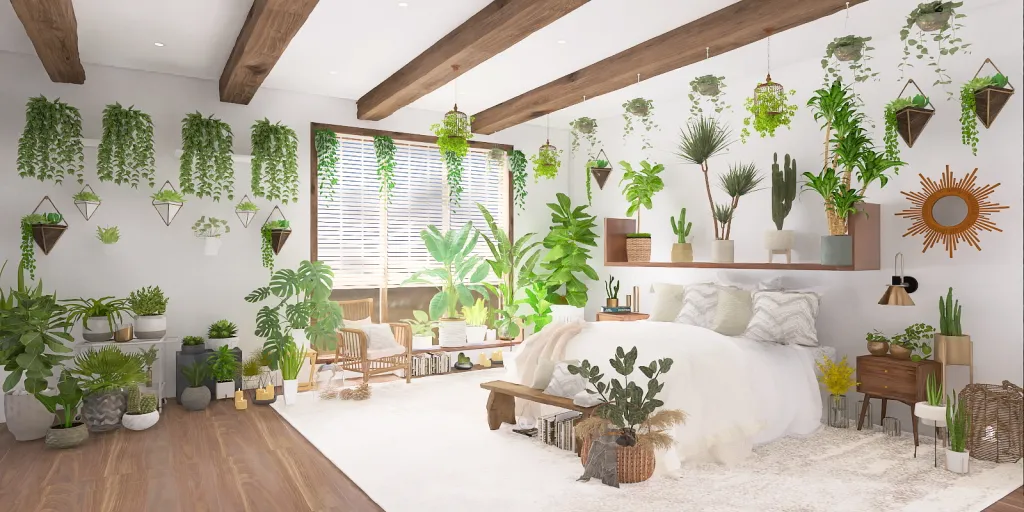 a living room with a large window and a plant 