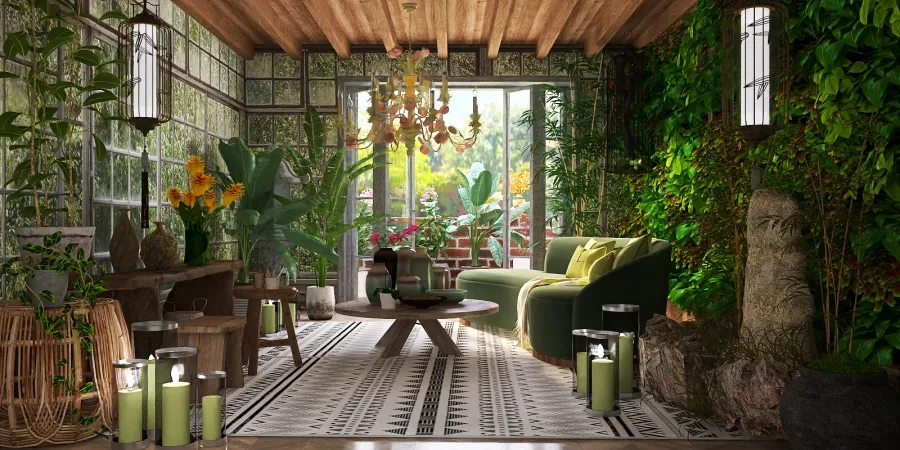 a living room with a large green plant in the middle 