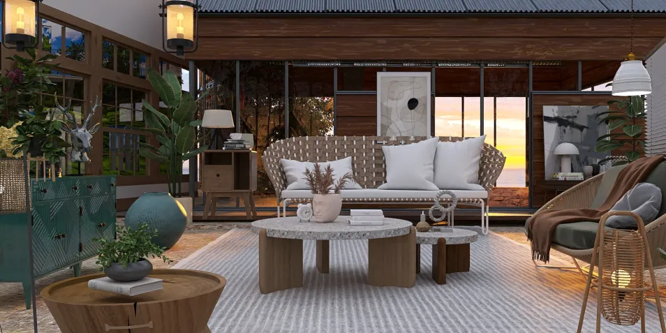 cozy outdoor living space featuring a stylish sofa and decorative coffee table, utilizing a modern bohemian design to enhance relaxation; showcases Homestyler's real-time 3D rendering feature.