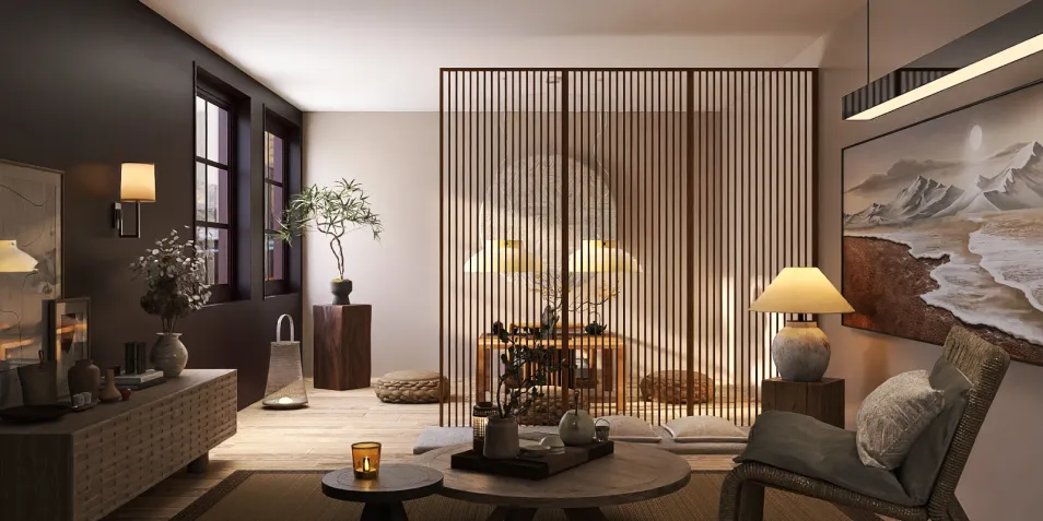 cozy living room with modern furniture arrangement in a warm minimalist style featuring a wooden partition and soft lighting, optimized for interior decor visualization using Homestyler's real-time 3D rendering feature.