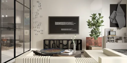 modern living room featuring a cozy seating area with stylish furniture, incorporating smart furniture arrangement for space optimization, showcasing Homestyler's real-time 3D rendering for instant design preview.