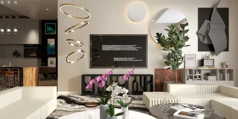 modern living room with elegant circular pendant lights and contemporary furniture design, featuring a vibrant floral arrangement, using Homestyler’s real-time 3D rendering for a realistic interior decor preview.