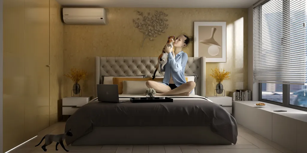 a woman sitting on a bed using a laptop 