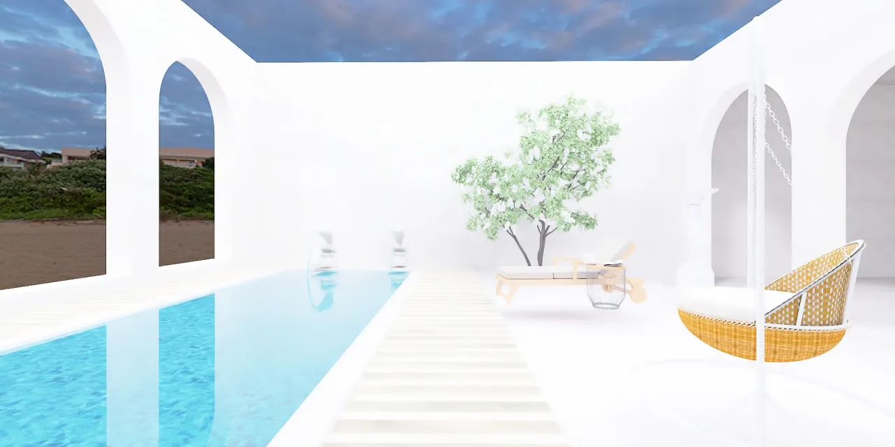 a pool with a large blue chair and a large blue chair 