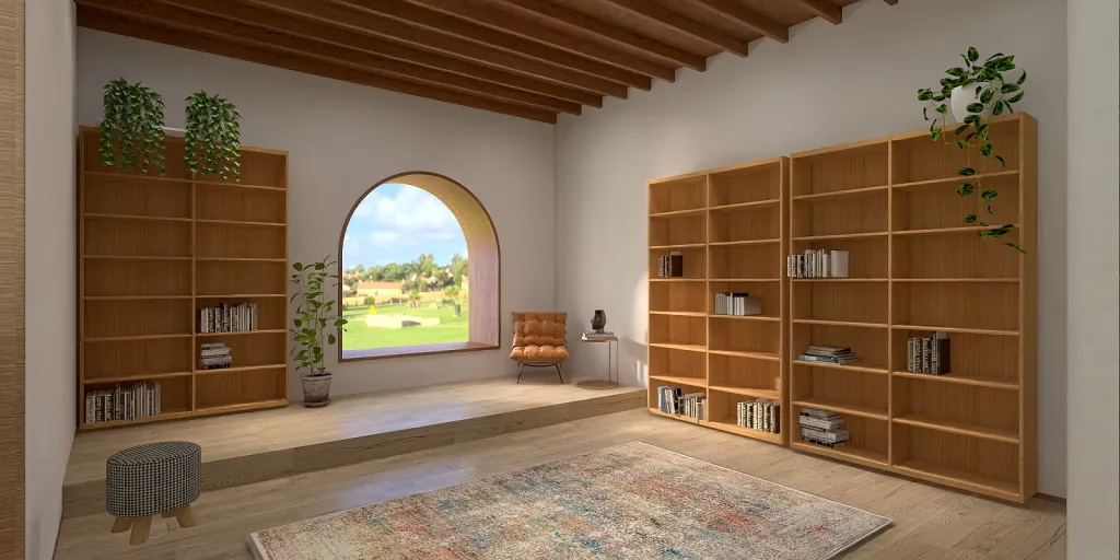 a room with a large window and a large shelf 
