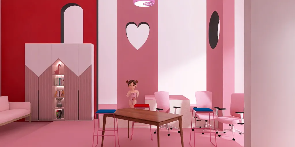 a room with a table and chairs and a table with a pink tablecloth 