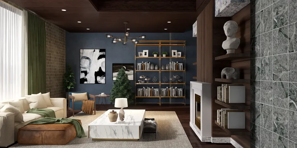 a living room with a couch, coffee table, and a book shelf 