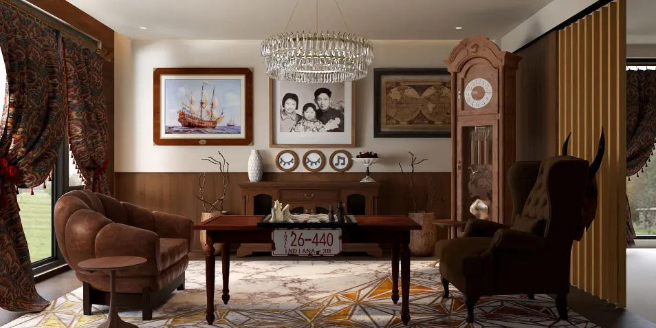 Elegant living room featuring vintage furniture arrangement with classic style, enhancing the interior decor appeal using Homestyler's real-time 3D rendering feature.