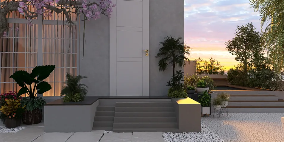 modern exterior entrance design incorporating lush greenery and stylish steps, showcasing exterior decor elements in a tranquil setting, featuring Homestyler's real-time 3D rendering for accurate visualization.