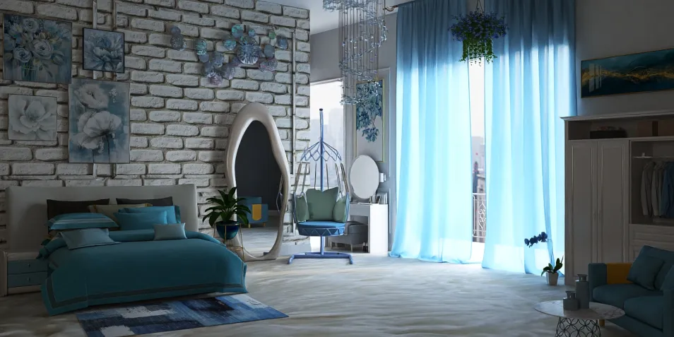 blue-themed bedroom design featuring a cozy bed with blue linens, adorned with floral decorations and a contemporary style, showcasing interior decor trends using Homestyler's real-time 3D rendering feature.