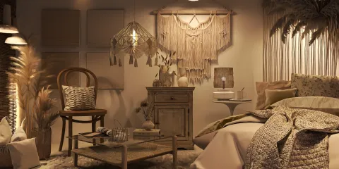 cozy bedroom with bohemian decor showcasing a woven wall hanging and natural elements, highlighting interior design with Homestyler's real-time 3D rendering feature.