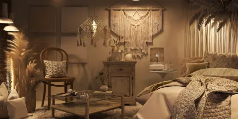 cozy bedroom furniture arrangement featuring a bohemian style with warm lighting and natural textures, showcasing interior decor ideas; utilizing Homestyler's real-time 3D rendering for quick design previews.