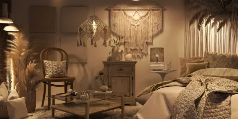 cozy living room with bohemian decor enhancing relaxation using Homestyler's real-time 3D rendering for interior design visualization