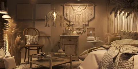 bohemian style bedroom design featuring lush textiles and warm tones, utilizing real-time 3D rendering for a vivid interior decor preview.