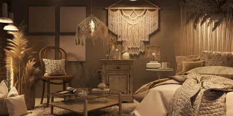 Cozy living room with rustic decor featuring a woven wall hanging and wooden furniture, styled for a warm, inviting ambiance. Includes a long-tail keyword related to interior decoration and showcases Homestyler's real-time 3D rendering feature.