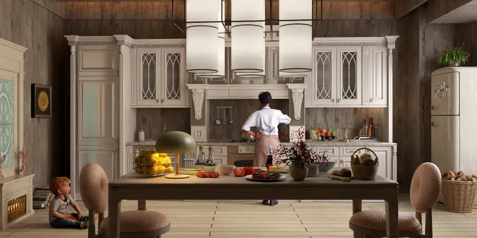 A woman cooking in a spacious rustic kitchen with modern appliances, showcasing a warm and inviting farmhouse style, utilizing Homestyler's real-time 3D rendering feature for design preview.