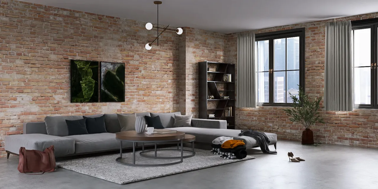 a living room with a couch, coffee table and a window 