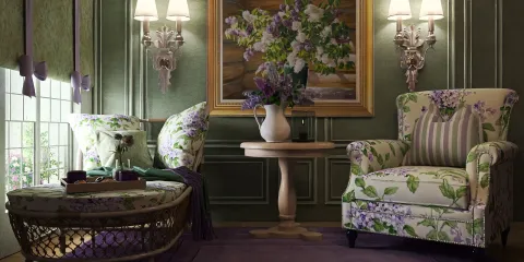 floral armchairs and a decorative table featuring a vase, showcasing a cozy interior design style that enhances living areas, utilizing Homestyler's real-time 3D rendering feature for quick design previews.