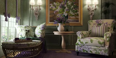 Floral patterned seating area with a small table and vase of flowers, creating a cozy and elegant atmosphere in a living space, utilizing Homestyler's real-time 3D rendering feature.