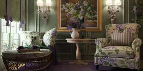 Floral upholstered armchair and loveseat enhancing a vintage living room aesthetic with a cozy ambiance, featuring interior decor with a focus on smart furniture arrangement using Homestyler.