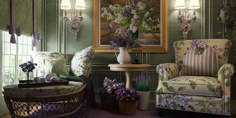 cozy armchair with floral pattern and a side table featuring a vase of flowers, designed in a vintage style, enhancing relaxation in a living room, showcasing Homestyler's real-time 3D rendering feature.