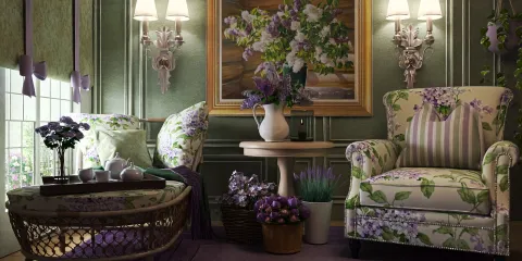 cozy seating area featuring floral upholstered armchair and cushions, showcasing a vintage design style, creating an inviting interior space; includes real-time 3D rendering feature of Homestyler for design preview.