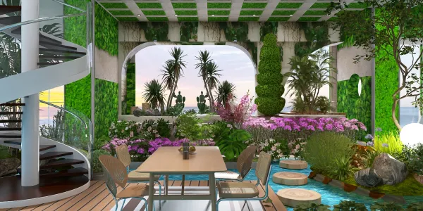 lush garden patio featuring a dining table surrounded by vibrant plants and flowers, optimized for outdoor relaxation in a modern tropical style, utilizing Homestyler's real-time 3D rendering for design previews.