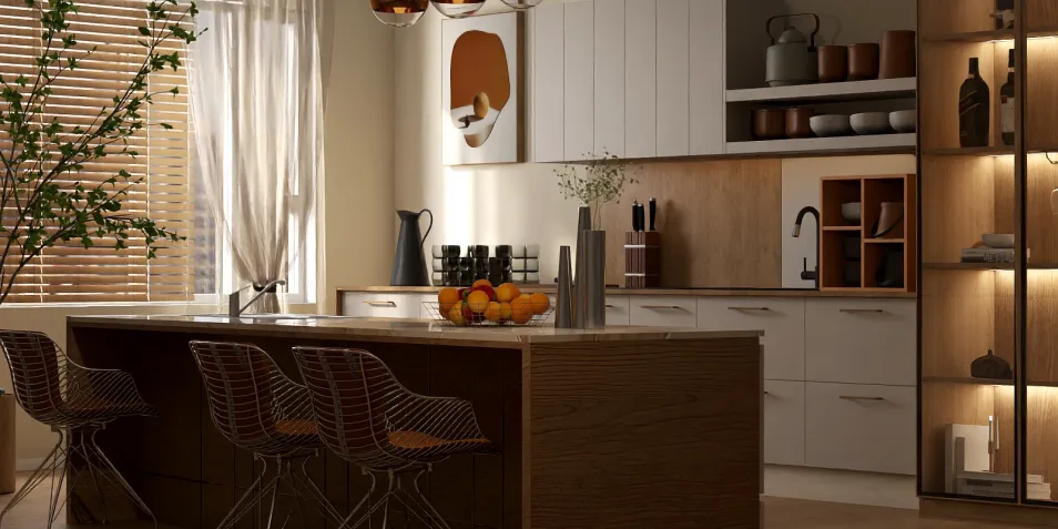 modern kitchen design featuring a spacious island, incorporating smart furniture arrangement for optimal space usage, showcasing a contemporary aesthetic with warm lighting and natural materials, highlighting the real-time 3D rendering capability of Homestyler.