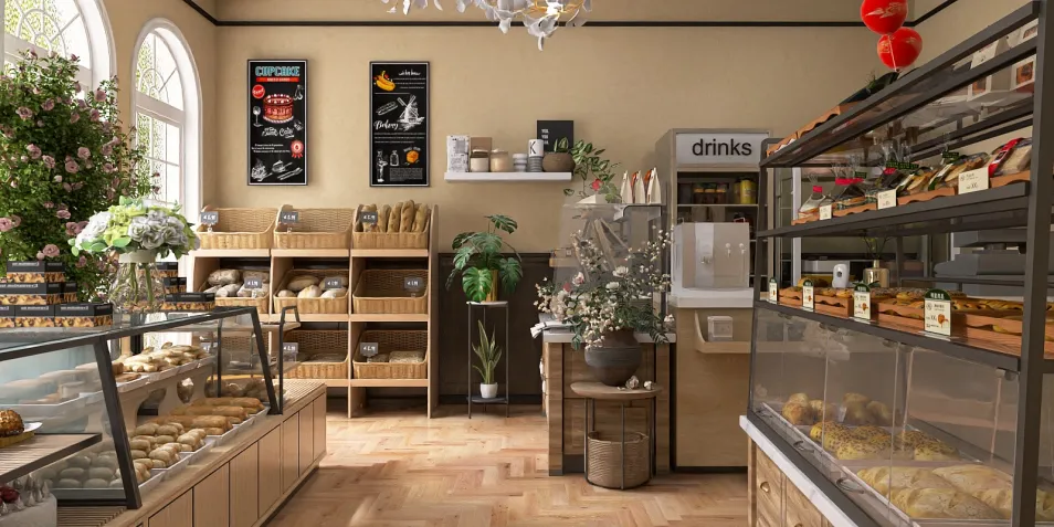 bakery interior design featuring bread displays and drink section with natural lighting and warm aesthetics, showcasing Homestyler's real-time 3D rendering capability