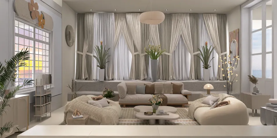 cozy living room with large windows featuring elegant curtains and modern furniture styling with indoor plants, showcasing interior decor aesthetics; utilizes Homestyler's real-time 3D rendering feature for visual design preview