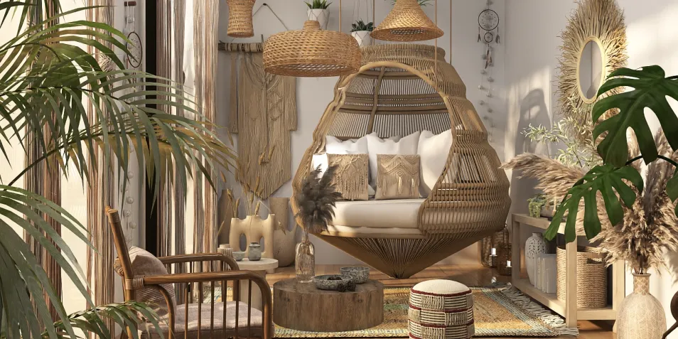 bohemian lounge area with hanging rattan chair creating a cozy atmosphere featuring indoor plants and natural materials, showcasing interior design with Homestyler's real-time 3D rendering capability.