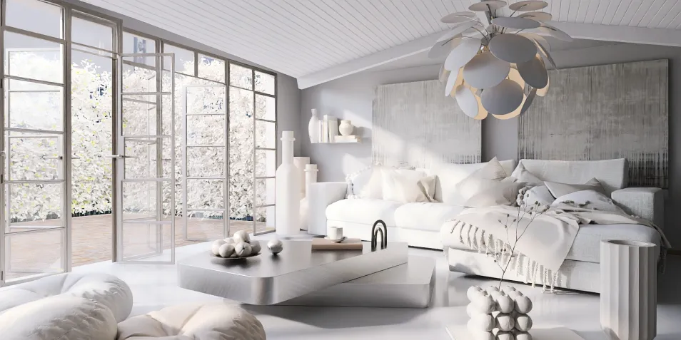 modern living room showcasing a cozy design with neutral color palette and minimalist decor, ideal for interior decorating; featuring Homestyler's real-time 3D rendering for quick visualization.