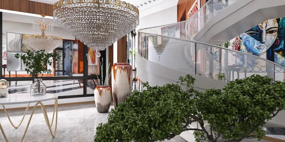 luxurious foyer featuring a grand chandelier and elegant staircase, showcasing a modern design style, with a focus on interior decor optimization using Homestyler's real-time 3D rendering capability.
