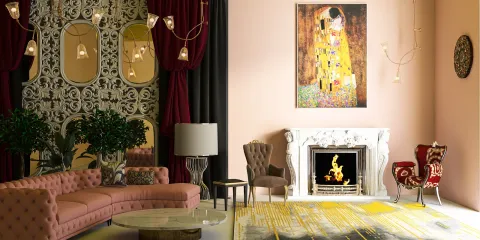 living room with vintage furniture featuring a pink tufted sofa and ornate fireplace designed in a modern elegant style, utilizing Homestyler's real-time 3D rendering feature for instant renovation previews