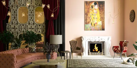 Elegant living room featuring a pink sofa arrangement with a vintage coffee table, showcasing a classic fireplace and decorative artwork, designed using Homestyler for optimized interior decor.
