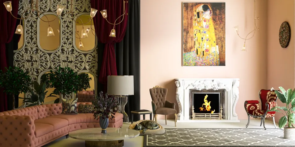 living room with a sophisticated design featuring ornate wallpaper and a stylish fireplace, showcasing contemporary art, utilizing 3D rendering for realistic interior visualization in Homestyler.