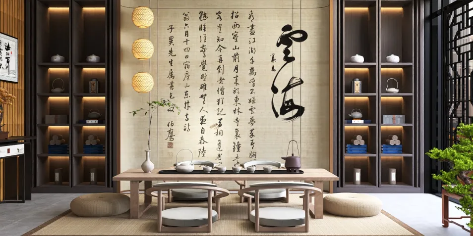 elegant dining area with calligraphy wall art showcasing traditional design elements for a serene ambiance, utilizing Homestyler's real-time 3D rendering feature