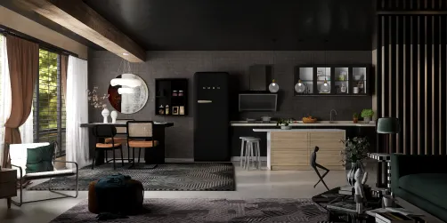 Dark kitchen/dining with living area